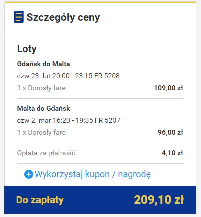 bilety lotnicze na Maltę - cena
